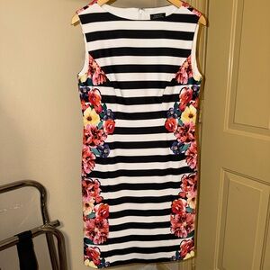 Tahari Black and White Striped Floral Midi Dress